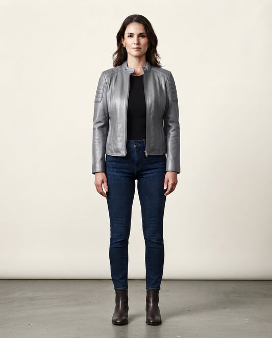 Women's gray sheepskin leather stand collar jacket with front zip, full body view