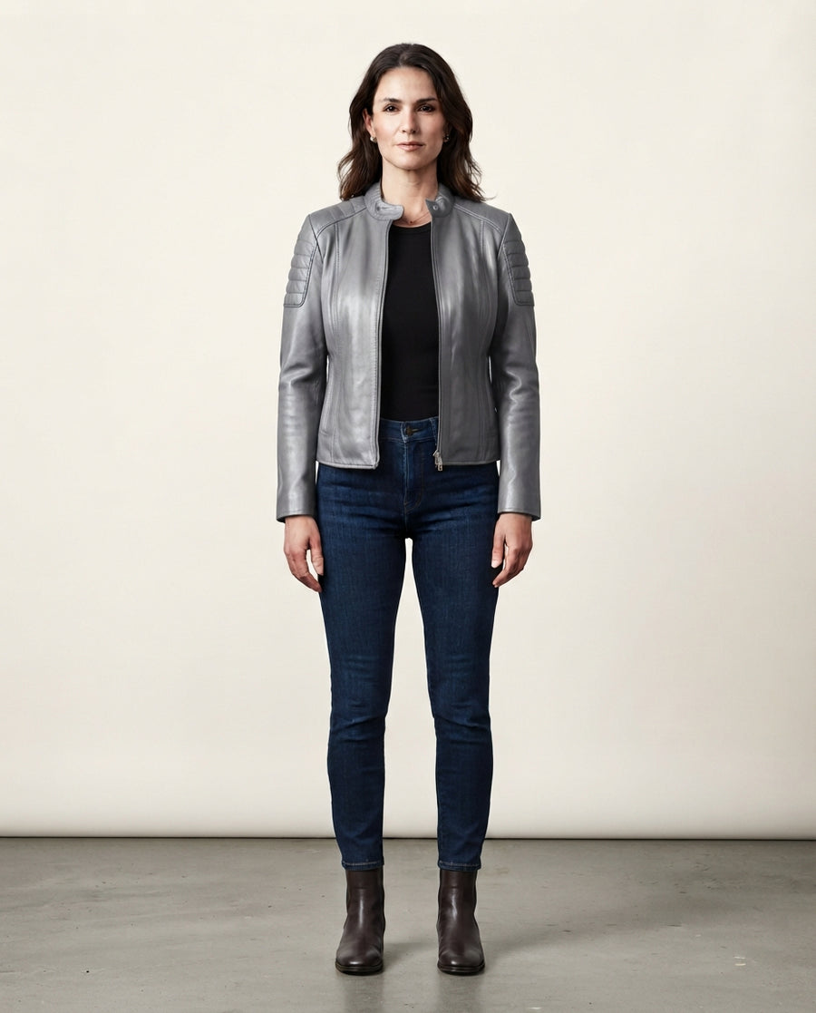 Women's gray sheepskin leather stand collar jacket with front zip, full body view